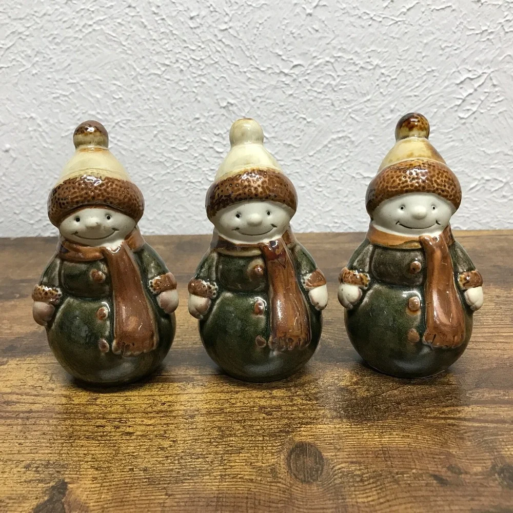 Ceramic Glazed Snowmen Lot of 3 Green Brown Christmas 4.5